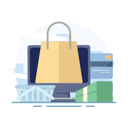 E-commerce concept. Computer and shopping bag are symbols of online shopping. E-commerce online shopping via mobile phone. Making purchases using mobile applications. Flat designのイラスト素材