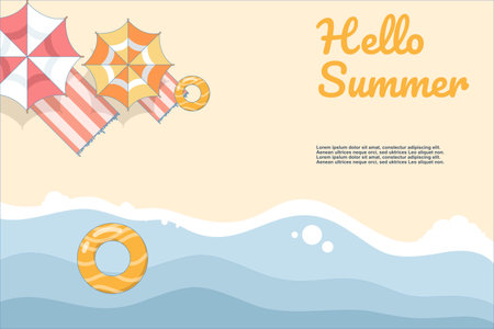 Summer themed illustration, with beach and umbrella and beach. summer illustration with beach stuff, float, surfboard and waves. Flat design vector illustration on background.のイラスト素材