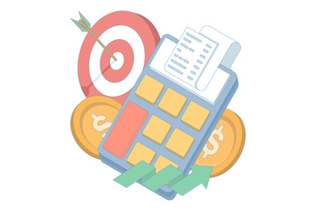calculator, target, rising graph and gold coins, symbolizing financial goals and success. success and development. financial gain and business strategy. flat vector illustration.のイラスト素材