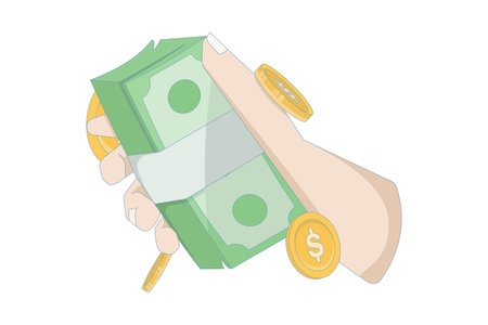income concept shown includes investment and success. financial transaction, investment, economy, business, banking.hand holding money, dollar coins and banknotes isolatedのイラスト素材