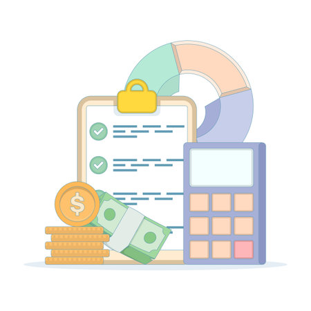 Financial strategy and business planning concepts. Economic analytical calculator, financial charts, business document information. Analysts review data reports with pie charts.のイラスト素材