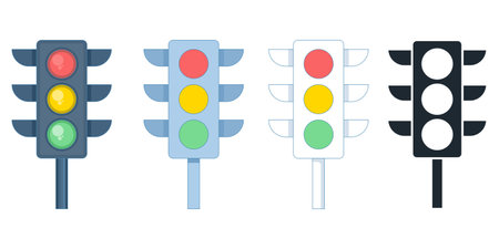 Traffic Light icon set. Traffic lights maintain the smooth flow of traffic. Safety signals for driving, transportation, and city traffic. Urban safety. Simple stock illustration.のイラスト素材