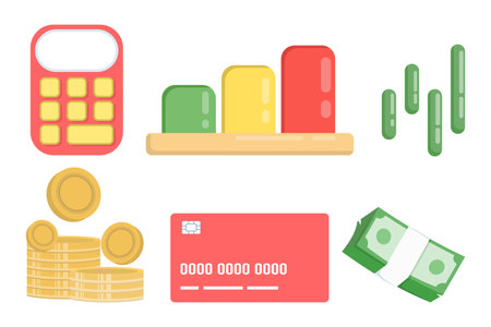 Financial management concepts. Financial tools and symbols presented in a minimalist style. Budgeting and investment planning. Flat design illustrations.のイラスト素材