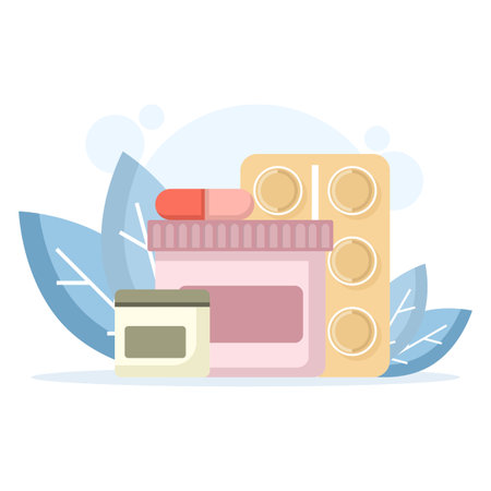 Pharmacy and medicine concept, healthcare services, pain relief pills, bottles and tablets, preventive medicine, medical drugs, antibiotic capsules, drug therapy. Flat designのイラスト素材