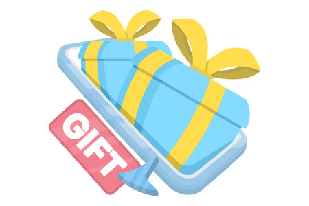 Online Gift Concept. Smartphone user activity. Winning online. Phone with gift box on screen. Online gift delivery, celebration, and party concept. Flat design illustration.のイラスト素材