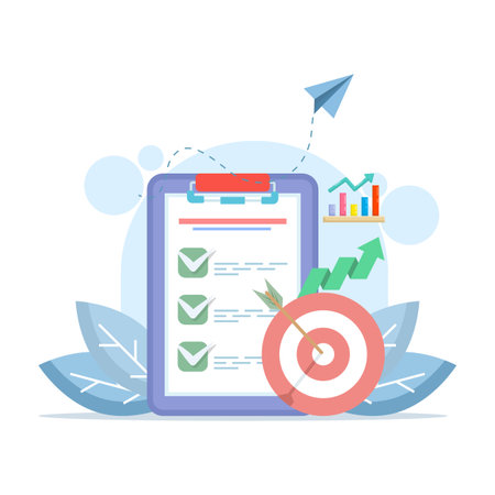 Checklist or to-do list concept. Clipboard with checkmarks for to-do lists, task management to track work completion, achievements, goals, and targets. Vision and mission.のイラスト素材