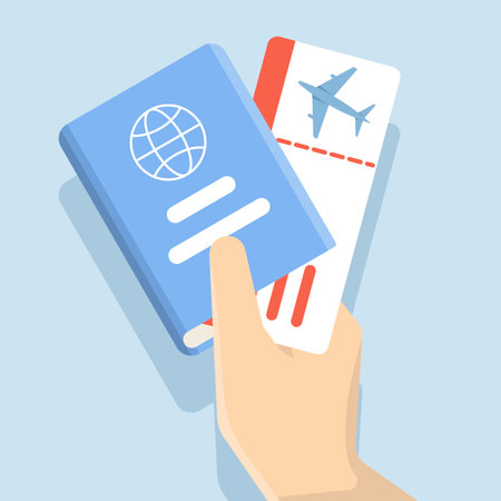 Illustration of a hand holding a passport and airline ticket. Travel documents, boarding passes, passports, and tickets. Travel coupons, airline boarding passes. Flat designのイラスト素材