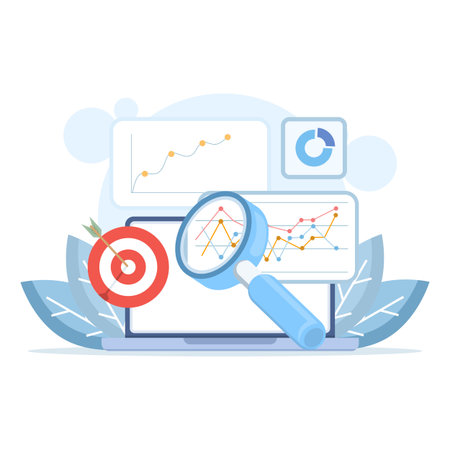 Track cross-platform interactions. Visualize user journey insights and metrics. Integrated analytics across mobile, web, email, and app activity. Flat illustration on background.のイラスト素材