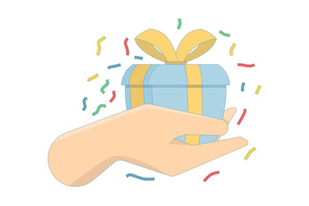 Flat cartoon illustration of a hand holding a beautiful gift, Gift box in hand showing the concept of gift giving, Romantic surprise. Graphic design vector illustrationのイラスト素材