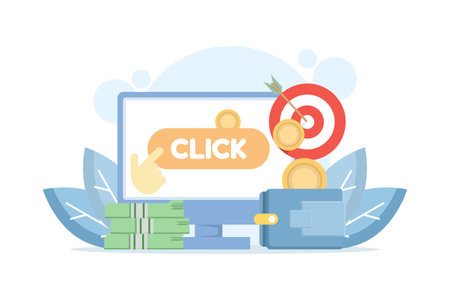 Pay-per-click concept, making money online. Pay-per-click technology, or cost-per-click, online website advertising, sharing digital content, and making money. Make money online.のイラスト素材