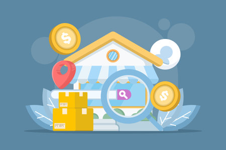 Concept of a physical business online, listed on search engines, with a storefront and map pins representing a digital storefront for a local business. Flat design illustrationのイラスト素材