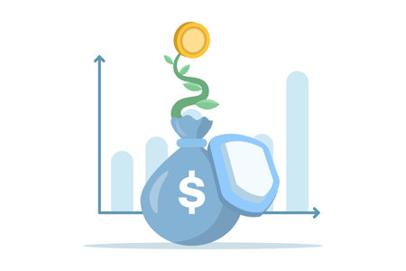 The concept of defensive stock investing. Business resilience to survive adversity. Safe investments. Choosing stable stocks to invest in. Illustration of a shield and a bagのイラスト素材