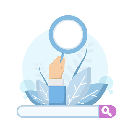 Illustration of a magnifying glass in a search bar. Searching, finding, search concept. Searching the web, looking for important information. Finding opportunities.のイラスト素材