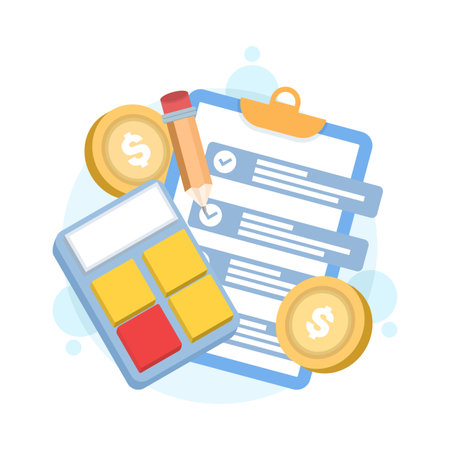 Illustration of a calculator and checklist, pencil, and coins. A checklist clipboard with a checkmark. Representing financial planning and accurate calculations. Flat designのイラスト素材