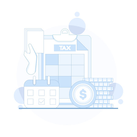 State Government Tax Forms with Accounting and Payment Forms. Tax payment concept. Calendar, Audit, Calculator, or Analysis, financial documents. Flat design illustration.のイラスト素材