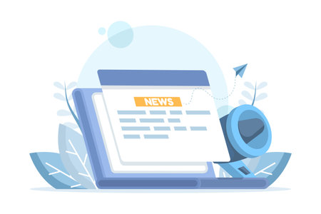 Concept of breaking news on the internet. Online news on a computer screen. Laptop with a press blog. News magazine on a digital device with a megaphone. Flat design.のイラスト素材
