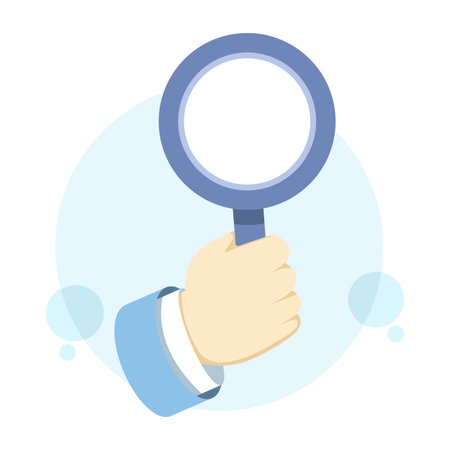 Search concept. Illustration of a cartoon character's hand holding a large magnifying glass lens. Data analysis, business analysis. Internet search symbol. Flat illustrationのイラスト素材