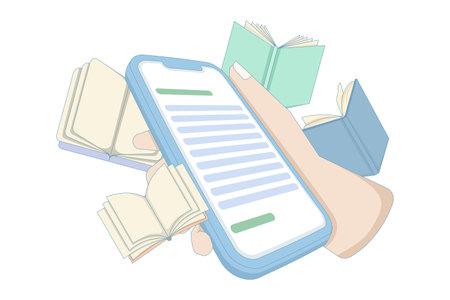 Concept of a hand holding a smartphone with an e-book and an e-book reader. Hand holding a smartphone with a book reading app. Flat vector illustration for website and banner.のイラスト素材
