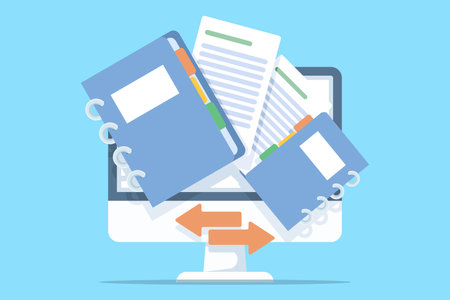 The concept of transferring documents or files. Documents and media content. Office workers or employees searching and indexing files. File managers. File storage.のイラスト素材