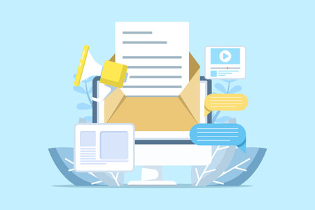 Email Marketing Concepts. Digital email marketing strategies. Reaching online audiences with email marketing campaigns, newsletter subscriptions, and sending marketing messagesのイラスト素材