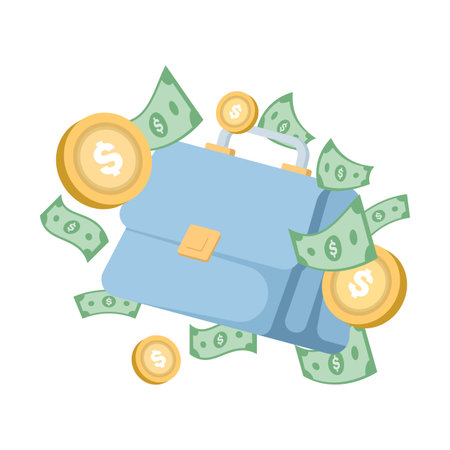 Flat vector illustration of briefcase with dollar bills and coins, symbolizing wealth, financial security, investment, savings, banking, cash flow, and business prosperityのイラスト素材