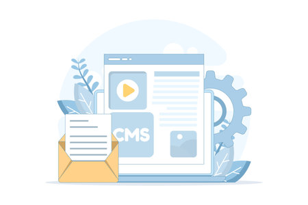 Flat cartoon vector illustration of CMS content management system. Concept of blog administration, blogging, freelancing, creative writing, and script management for landing pageのイラスト素材