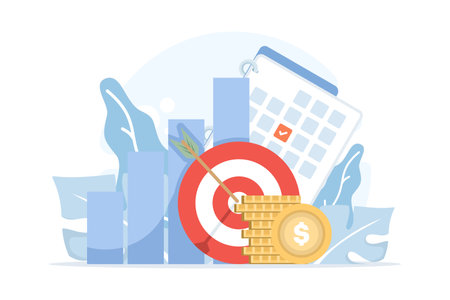 Flat vector design showing achievement and goal setting. Illustration of dartboard, rising chart, coins, and calendar as symbols of exceeding targets, business growthのイラスト素材
