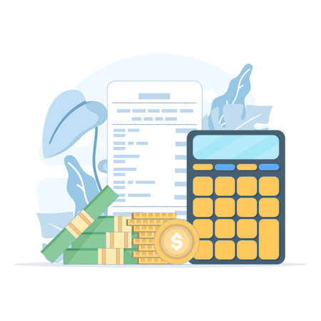 Flat vector illustration of bills, credit cards, and calculator. Personal finance management, home budget planning, tax calculation, and payment concept for household expenses.のイラスト素材