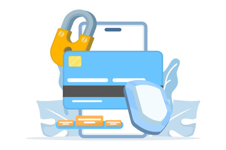 Illustration of a secure transaction in a mobile banking app with a payment card icon and a shield. The concept of secure digital banking, financial security, and protected onlineのイラスト素材