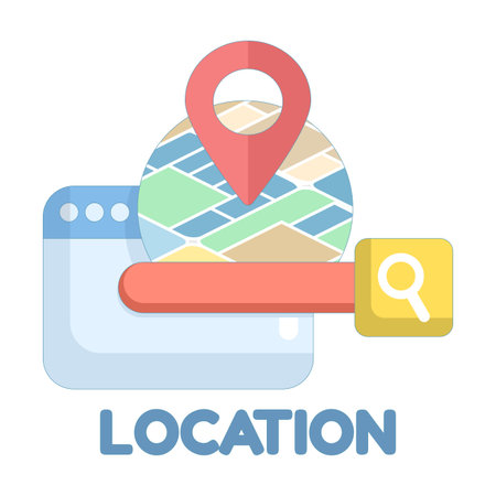 Flat vector illustration of search bar and location pin icon. GPS navigation symbol for map, route finding, geolocation, travel direction, and online map services. Modern flatのイラスト素材