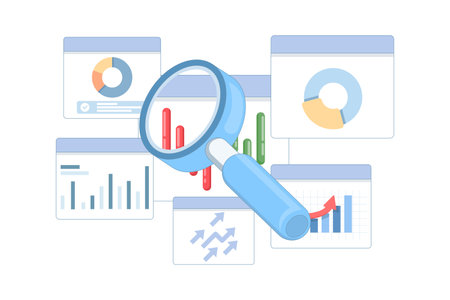 illustration of business report and graph analysis. Magnifying glass examining research charts, diagrams, and dashboard elements to represent financial data and market insights.のイラスト素材