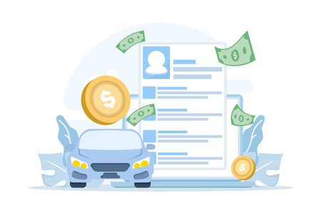 Vector illustration of a private car tax payment. The vehicle, along with documents, a pencil, and coins, represents the financial burden, costs of car ownershipのイラスト素材