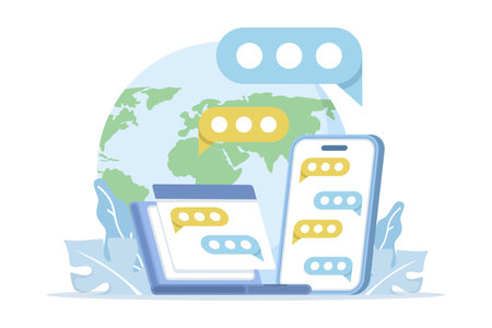 Vector illustration of internet communication and social networking. Concept includes chatting, video calls, messaging, and friend search representing online connection and digitalのイラスト素材