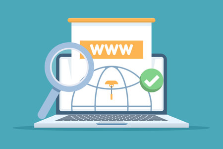 Vector illustration of domain registration and communication concept. Depicts search engine optimization, SEO, website management, and internet technology in flat design style.のイラスト素材