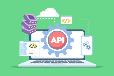 API, Application Programming Interface illustration concept. Depicts software integration, data exchange, and connectivity, suitable for websites, landing pages, mobile appsのイラスト素材