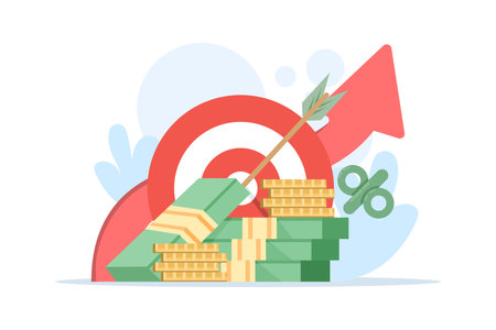Illustration of personal finance and investment planning with target board and arrows, symbolizing saving goals, financial strategies, and maximizing investment returns.のイラスト素材