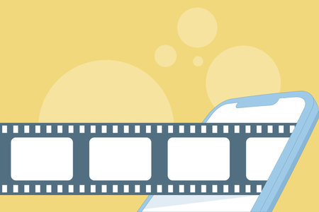 Illustration of a modern smartphone displaying a film strip, symbolizing online cinema, mobile movie streaming, and digital entertainment platforms.のイラスト素材