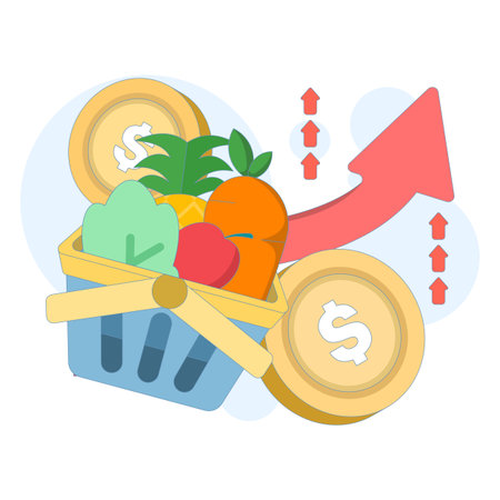 Inflation concept shown with a shopping cart full of groceries and an upward arrow, representing rising prices, costly essentials, and ongoing economic challenges.のイラスト素材