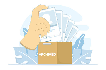 Archived posts and digital content storage concept, showing old files or posts being moved into an archive box for better organization and management.のイラスト素材