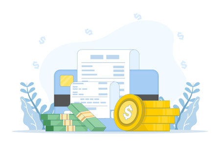 Flat icon of a shopping cart with a payment bill, representing online purchases, checkout processes, and digital transaction concepts. flat vector illustration on backgroundのイラスト素材