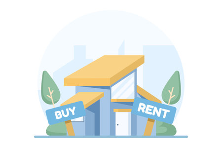 Real estate property management illustration showing BUY and RENT options, representing investment, finance, economics, and money-saving decisions.のイラスト素材