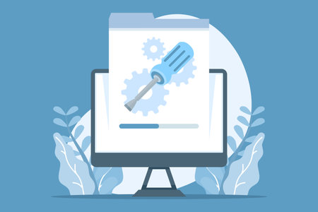 Flat vector illustration of computer repair with screwdriver and gear. Represents system maintenance, hardware repair, software troubleshooting, and technical support services.のイラスト素材