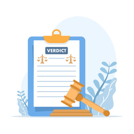 Flat vector illustration representing final decision and judgment. Features document approval, verdict symbol, and evaluation process, reflecting conclusion, authorityのイラスト素材