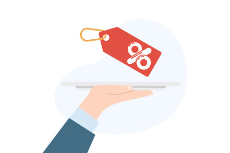 Special discount tag icon. Hand holding promotion label offering exclusive sale or limited offer. Flat cartoon vector illustration for marketing, retail promo, and price deal graphのイラスト素材