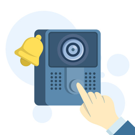 Flat vector illustration of a smart video doorbell system. Shows camera monitoring, home security alerts, remote access, and modern smart-home technology for enhanced safetyのイラスト素材