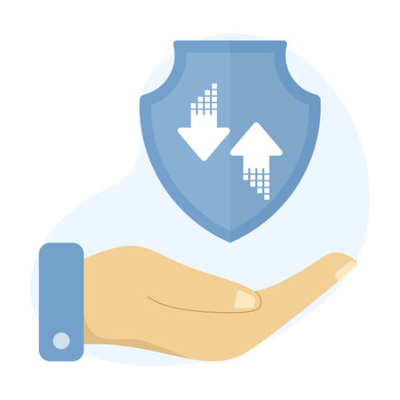 Flat illustration of data saver and bandwidth control. A shield icon represents secure data use, reduced consumption, and efficient bandwidth management for cost-effective digitalのイラスト素材
