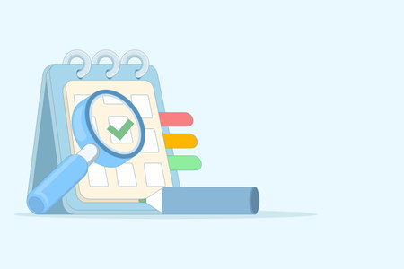 Magnifying glass highlighting a red-marked date on a cute calendar, symbolizing reminders, important events, holidays, and priority scheduling. Flat vector design for bannersのイラスト素材