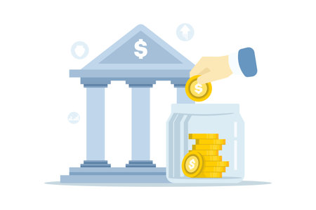 Flat vector illustration of saving money for the future. A business hand places a coin into a piggy bank, symbolizing financial planning, investment, budgetingのイラスト素材
