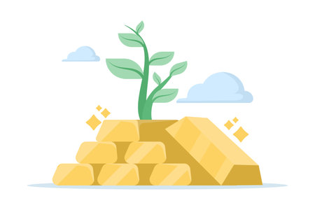 Flat vector illustration of growing gold bars. Concept of wealth growth, investment profit, asset value increase, and financial success in digital marketing and business strategy.のイラスト素材