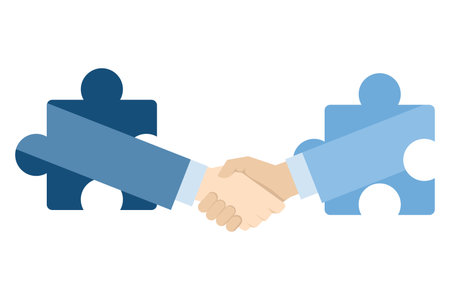 Flat vector illustration of businessmen shaking hands on puzzle pieces. Symbolizes business agreements, partnership coordination, relationship building, successful deals, contractsのイラスト素材